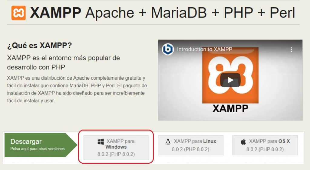 Página de descarga oficial de XAMPP