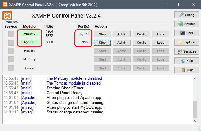 Información de servicios en panel de control de XAMPP