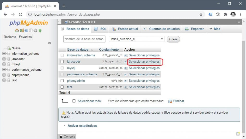 Configurar permisos de usuario en base de datos phpMyAdmin
