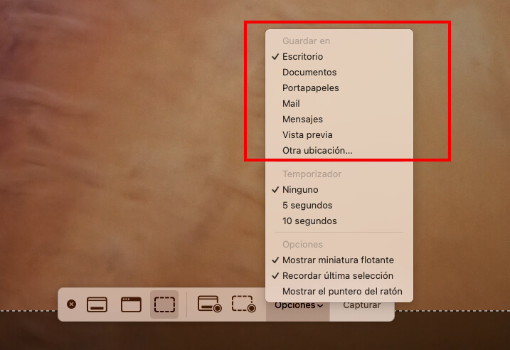 Captura de pantalla que muestra cómo cambiar la ubicación de las capturas de pantalla en macOS.